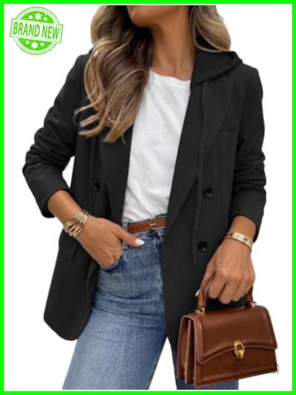 Essentials Oversized Double Breasted Tweed Hooded Blazer